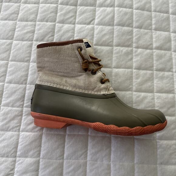 SPERRY Duck Boot Womens 7.5 Saltwater Green Khaki Lace Up Rain Outdoor G17-61803 - Picture 13 of 16